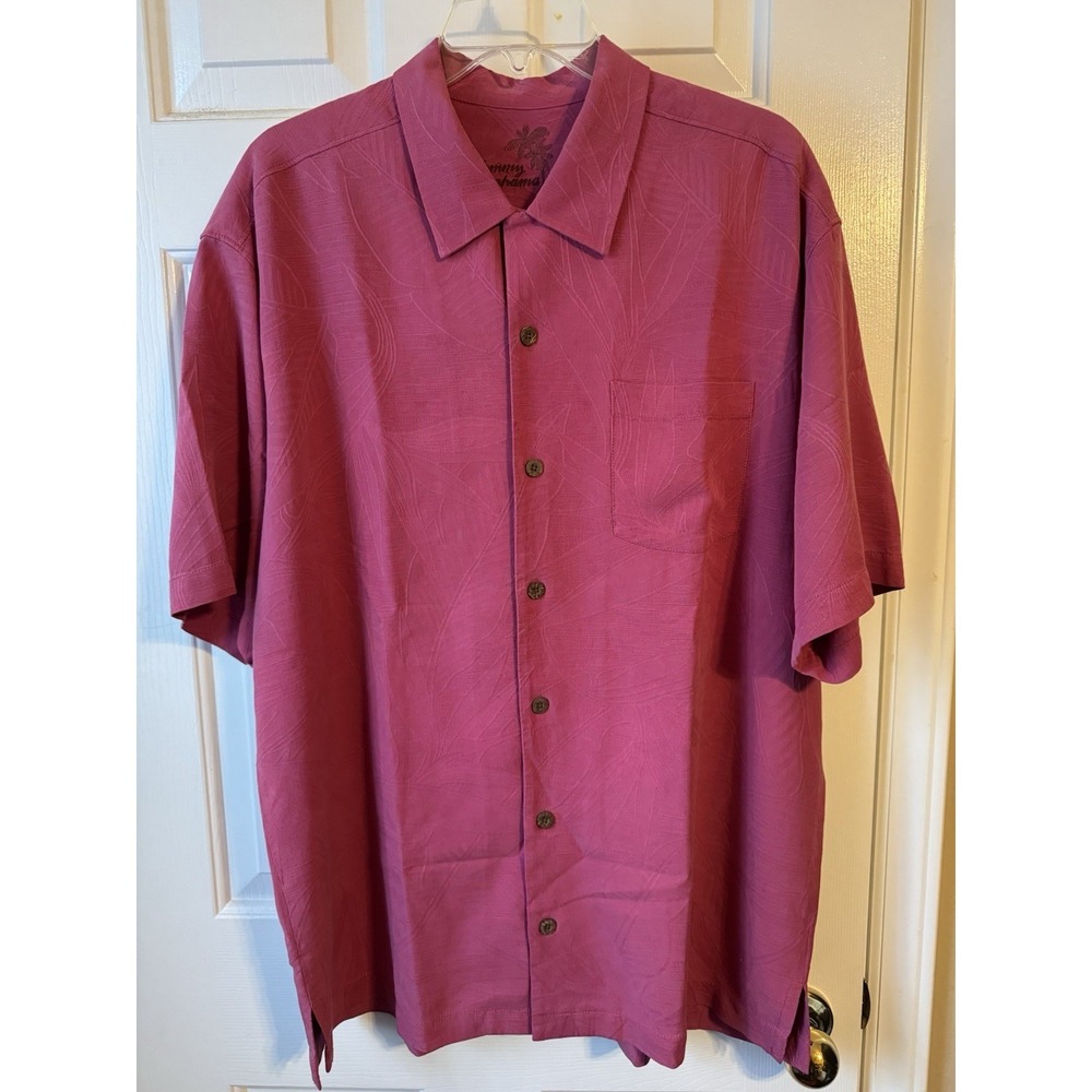Tommy Bahama Mens Button Up Shirt Magenta Silk Hawaiian Island Camp Shirt Large